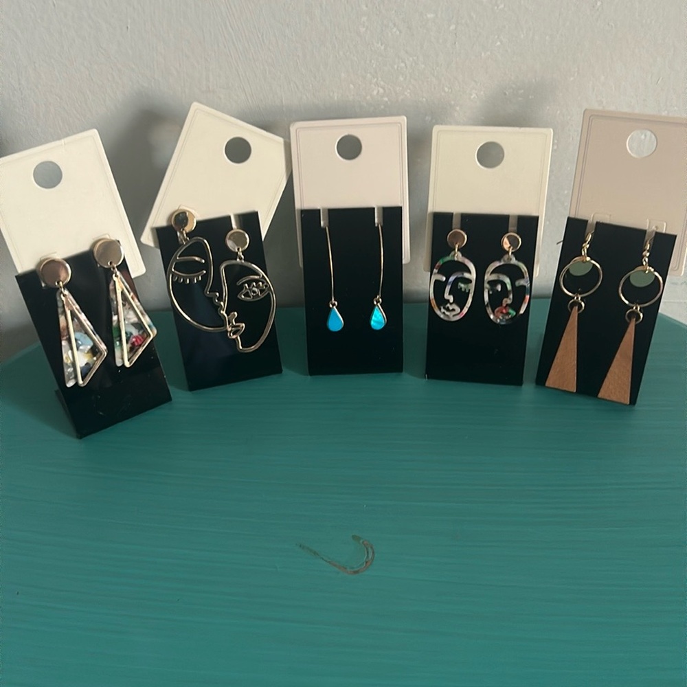New Lot 5 Pais of Gold Wood and Multicolor Art Deco Boho Style Drop Earrings Set - Picture 12 of 12